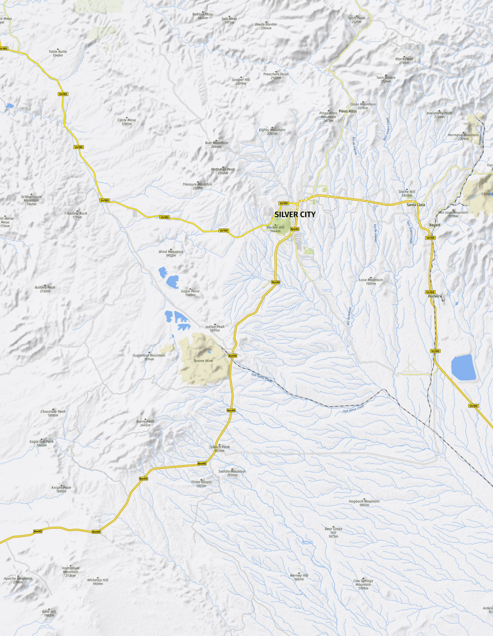 Map showing locations of hiking trails near Silver City, New Mexico